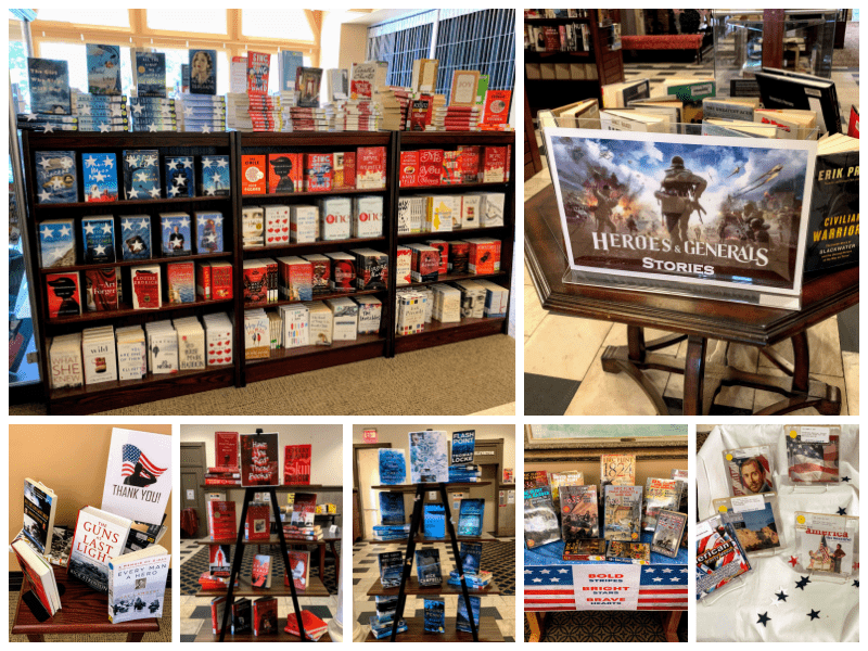 Collage of seven photographs of book displays in the Piqua Public Library featuring patriotic themes.