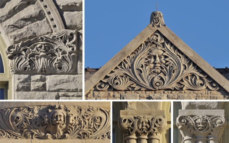 Collage of five photographs of stone carvings on the outside of the Fort Piqua Plaza.