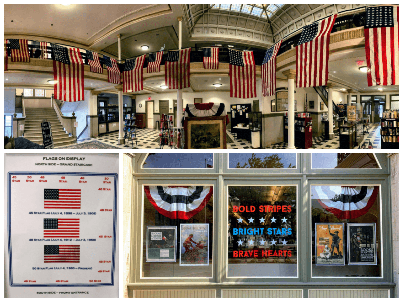 Collage of three photographs of a display in the Piqua Public Library featuring American flags and other patriotic memorabilia.