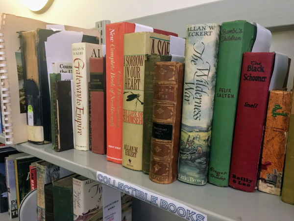 Photograph of a bookshelf in the used bookstore. The books are old collectible books with red, orange, yellow and green covers.