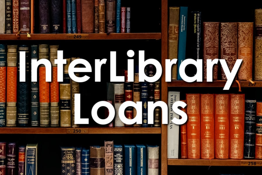 Photograph of bookcases with old, colorful books. Text reads "InterLibrary Loans."