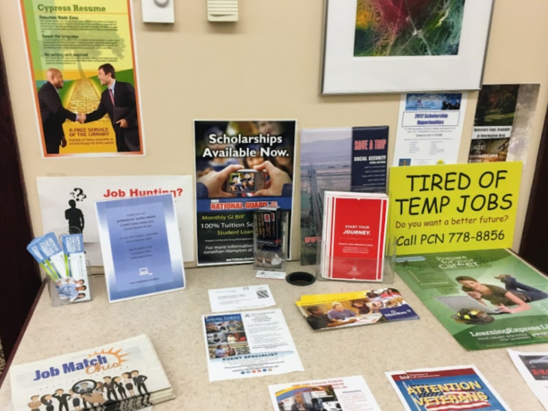 Photograph of the job postings table on the second floor of the Piqua Public Library.