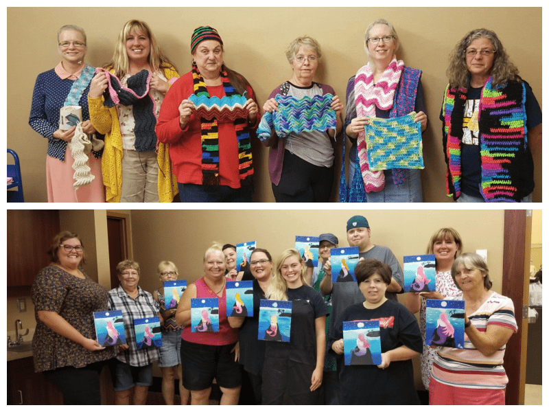 Photo collage of patrons and staff at the Piqua Public Library during craft programs.