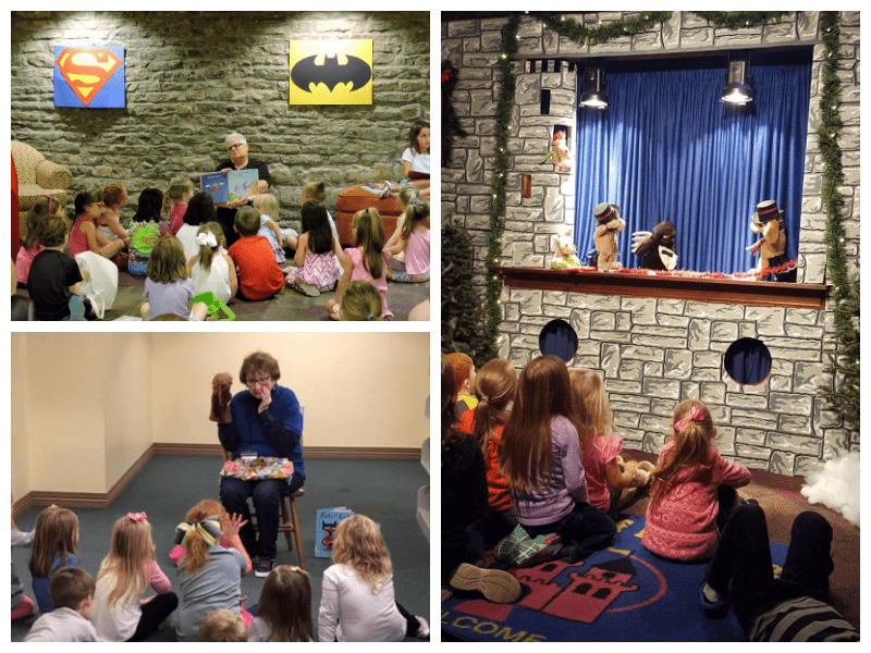 Photo collage of patrons and staff at the Piqua Public Library during storytime and puppet shows.