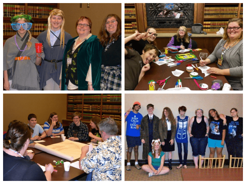 Photo collage of patrons and staff at the Piqua Public Library during teen programs.