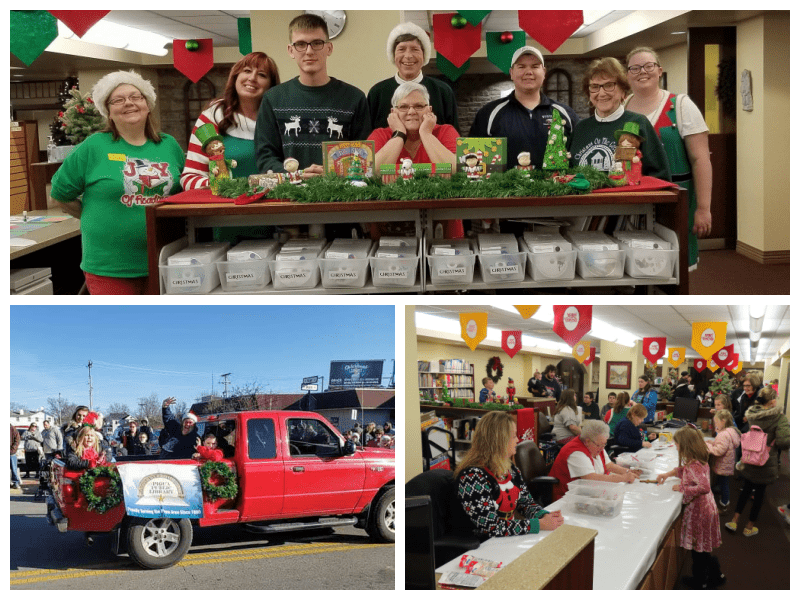 Photo collage of patrons and staff at the Piqua Public Library during holiday programs.