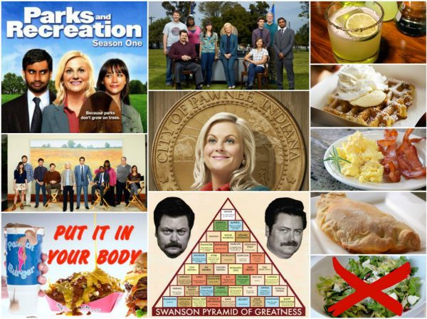 Collage of photographs of scenes and food from the television show, Parks and Recreation.