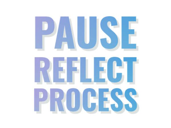 A graphic with the words PAUSE REFLECT PROCESS in blue-purple font and written in all caps. 