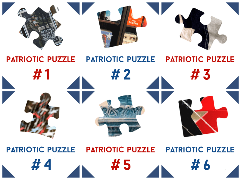 Collage of six graphics featuring puzzle pieces from six different patriotic puzzles.