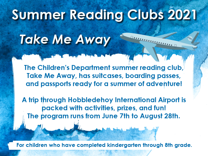 Graphic with a blue watercolor background and text about the Summer Reading Club, Take Me Away, for children at the Piqua Public Library.