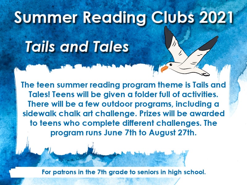 Graphic with a blue watercolor background and text about the Summer Reading Club, Tails and Tales, for teens at the Piqua Public Library.