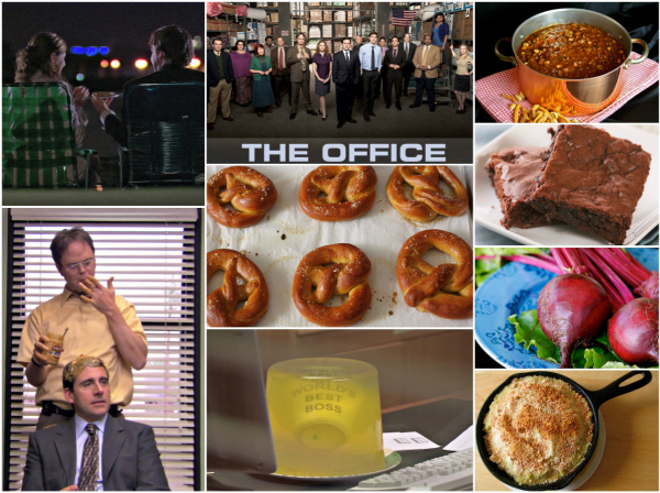 Collage of photos of scenes and food from the television show The Office. 