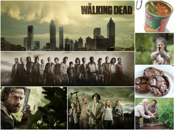 Collage of photographs of scenes and food from the television show, The Walking Dead.