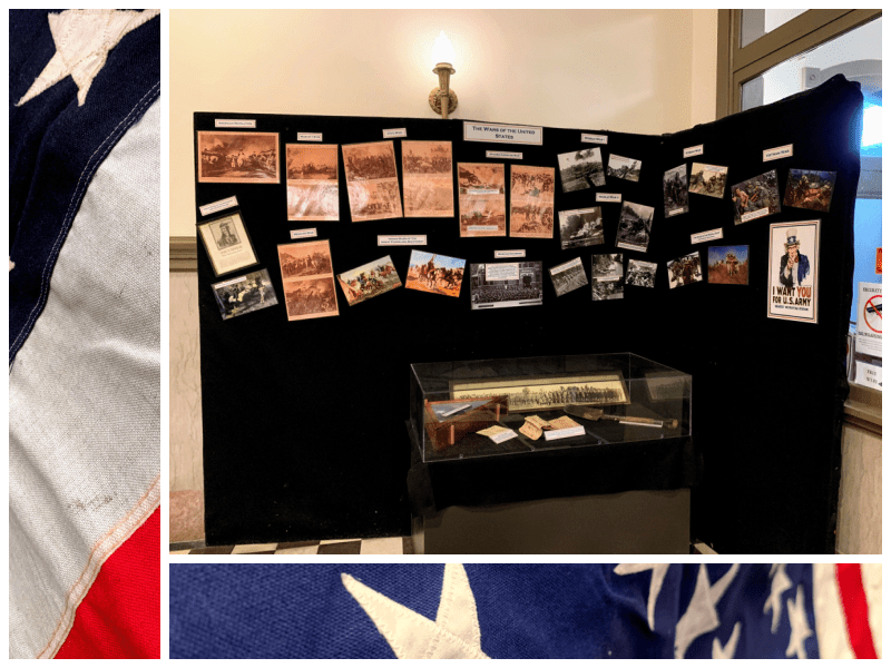 Collage of three photographs of a historical display in the Piqua Public Library and close up images of American flags.