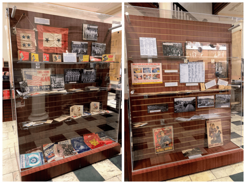 Collage of two photographs of a display in the Piqua Public Library about World War II At Home.